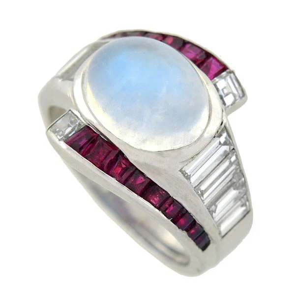 Retro Platinum Moonstone, Diamond & Ruby Ring - Image 5