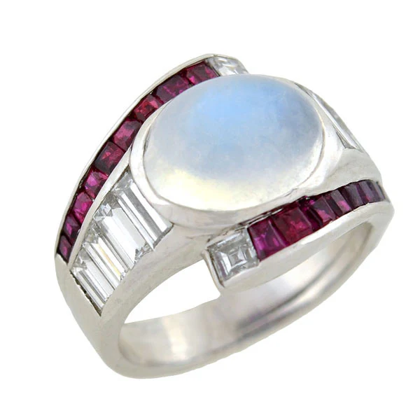 Retro Platinum Moonstone, Diamond & Ruby Ring - Image 6