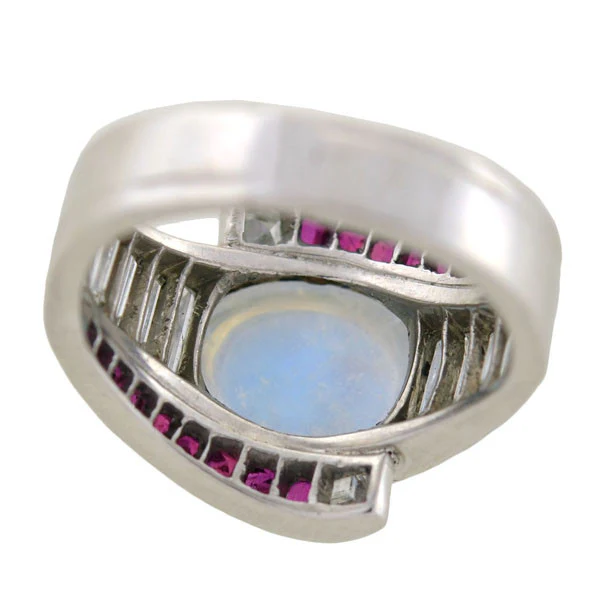Retro Platinum Moonstone, Diamond & Ruby Ring - Image 7