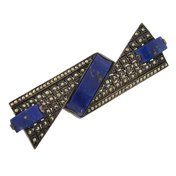 THEODOR FAHRNER Art Deco Sterling Lapis Marcasite Pin - Image 2