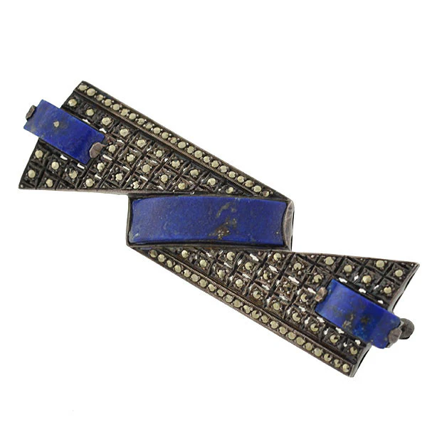 THEODOR FAHRNER Art Deco Sterling Lapis Marcasite Pin - Image 3