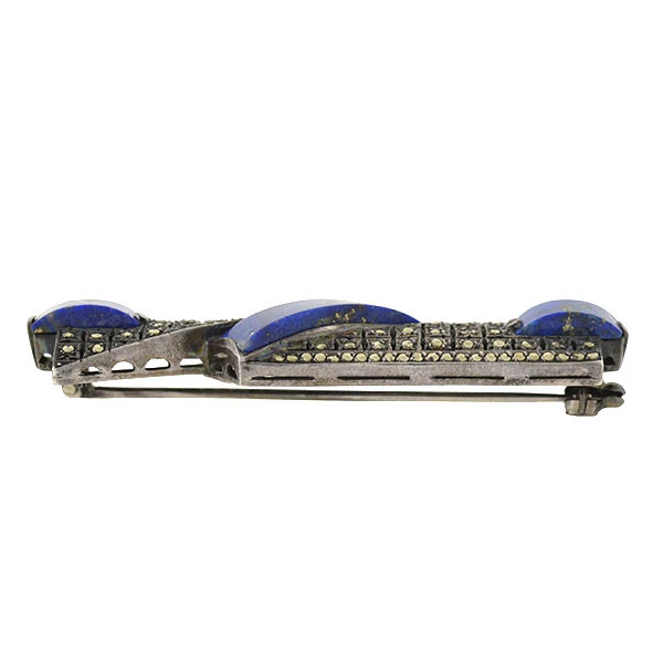 THEODOR FAHRNER Art Deco Sterling Lapis Marcasite Pin - Image 4