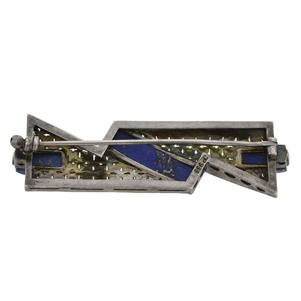 THEODOR FAHRNER Art Deco Sterling Lapis Marcasite Pin - Image 5