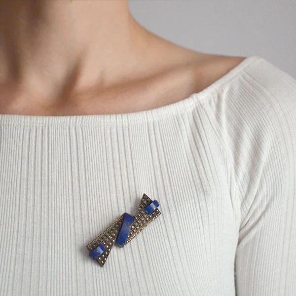 THEODOR FAHRNER Art Deco Sterling Lapis Marcasite Pin - Image 7