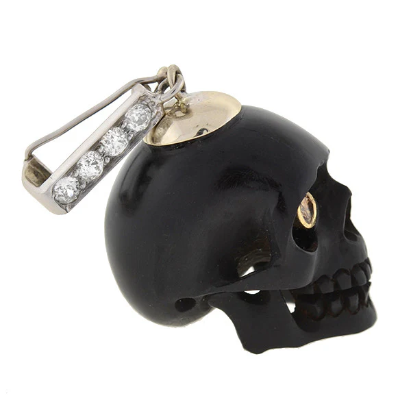 Estate 14kt Carved Jet Skull & Diamond Pendant - Image 3