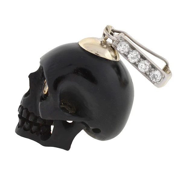 Estate 14kt Carved Jet Skull & Diamond Pendant - Image 4