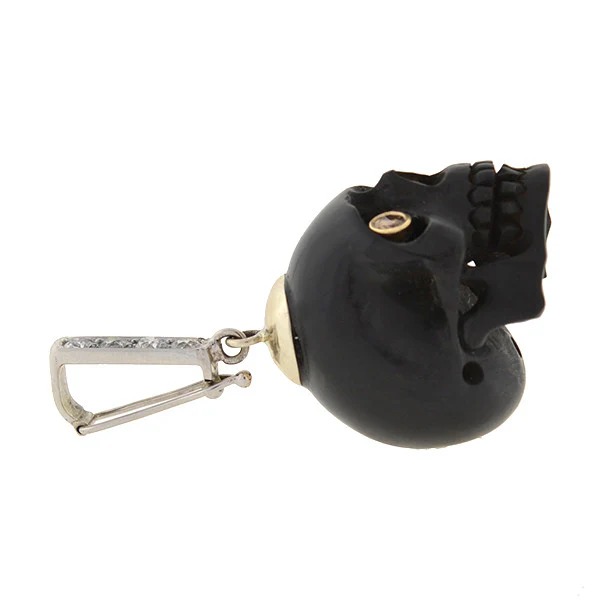 Estate 14kt Carved Jet Skull & Diamond Pendant - Image 5