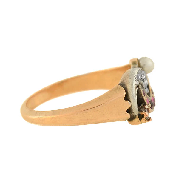 Victorian 14kt Diamond, Pearl + Ruby Double Crescent Ring - Image 2