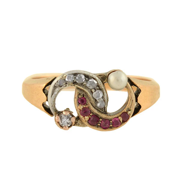 Victorian 14kt Diamond, Pearl + Ruby Double Crescent Ring - Image 3