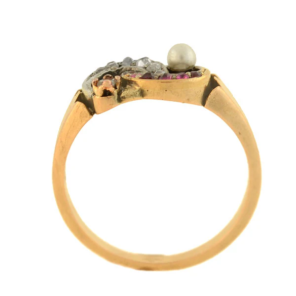 Victorian 14kt Diamond, Pearl + Ruby Double Crescent Ring - Image 4