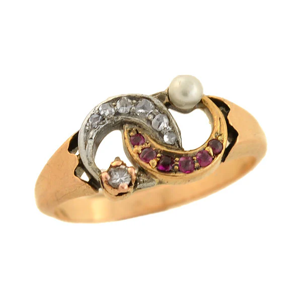Victorian 14kt Diamond, Pearl + Ruby Double Crescent Ring - Image 5