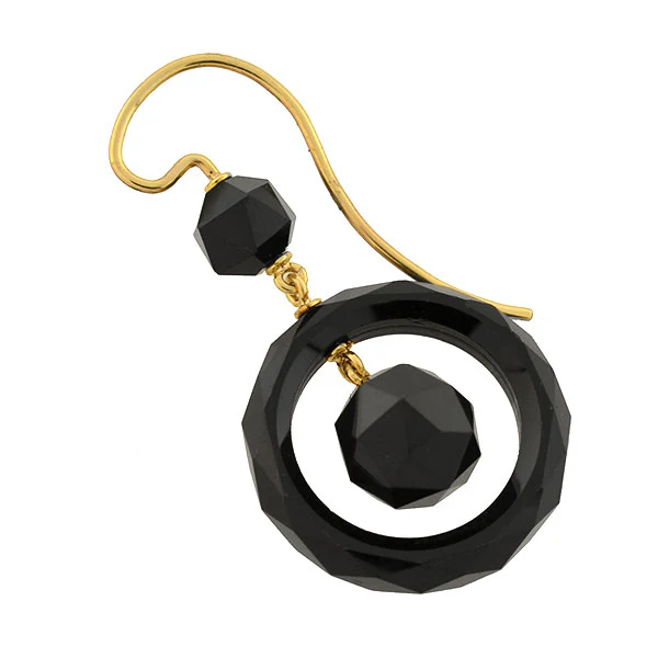 Victorian 14kt Faceted Onyx Ball + Ring Earrings - Image 2