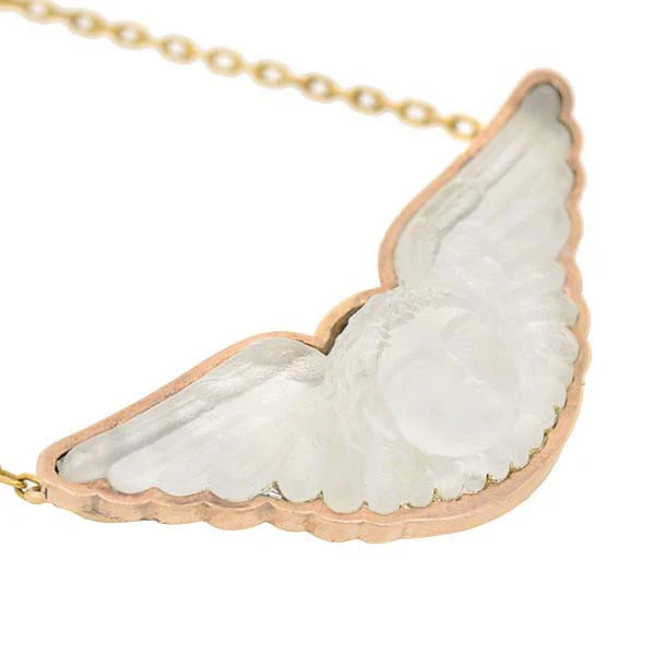 Victorian 14kt Foil Backed Art Glass Cherub Necklace - Image 3