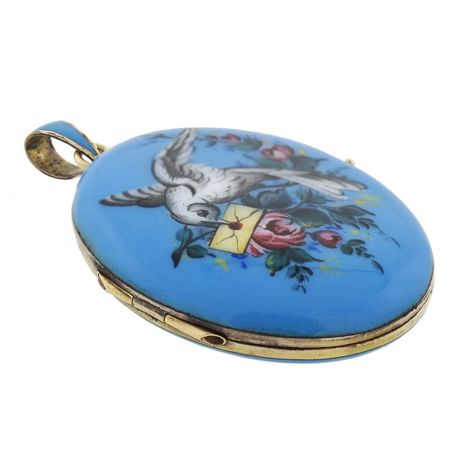 Victorian 14kt Hand Painted Enameled "Bird + Love Letter" Locket - Image 3