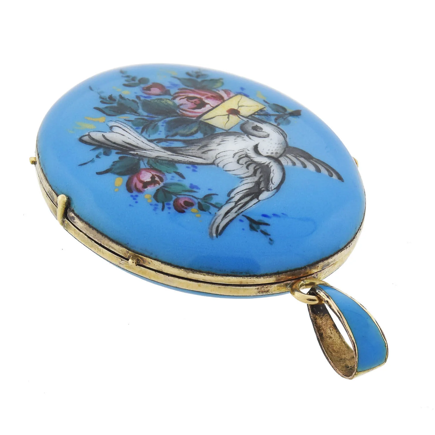 Victorian 14kt Hand Painted Enameled "Bird + Love Letter" Locket - Image 4