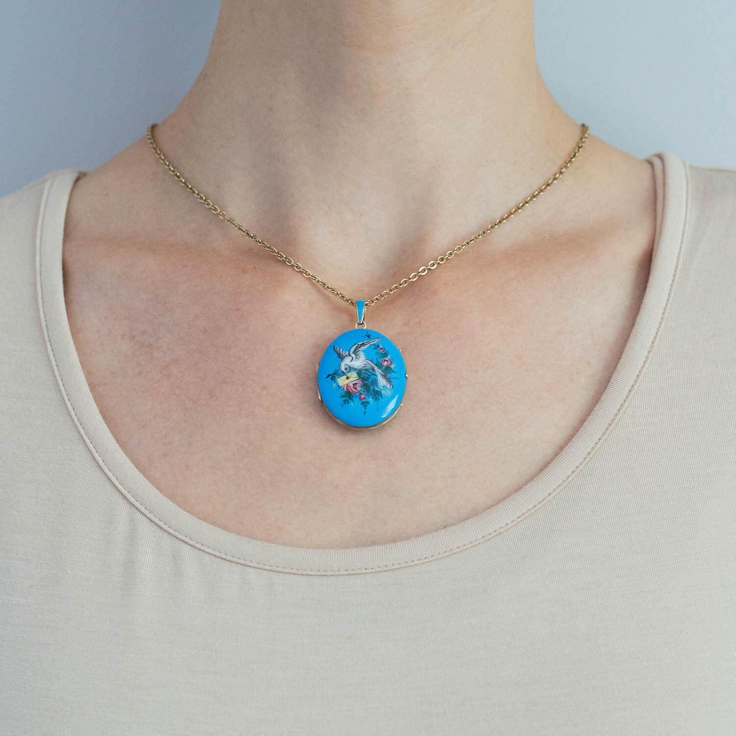 Victorian 14kt Hand Painted Enameled "Bird + Love Letter" Locket - Image 7