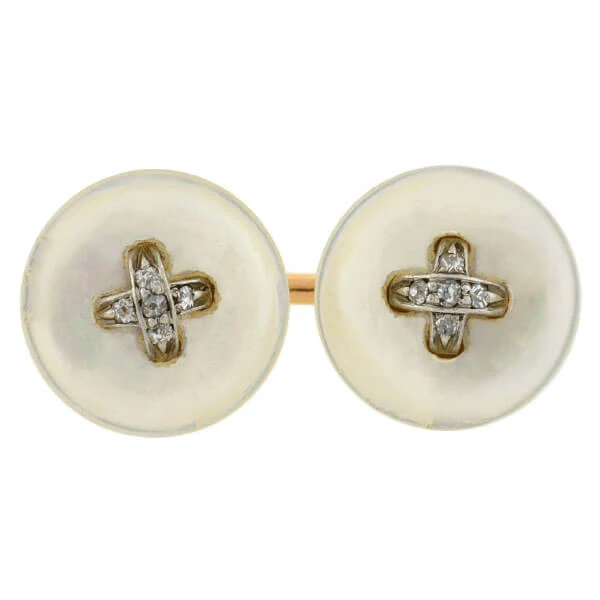 Victorian 14kt Mother of Pearl Diamond Button Cufflinks - Image 3