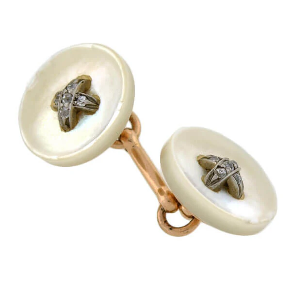 Victorian 14kt Mother of Pearl Diamond Button Cufflinks - Image 5