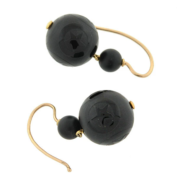 Victorian 14kt Onyx Engraved Star Motif Earrings - Image 4