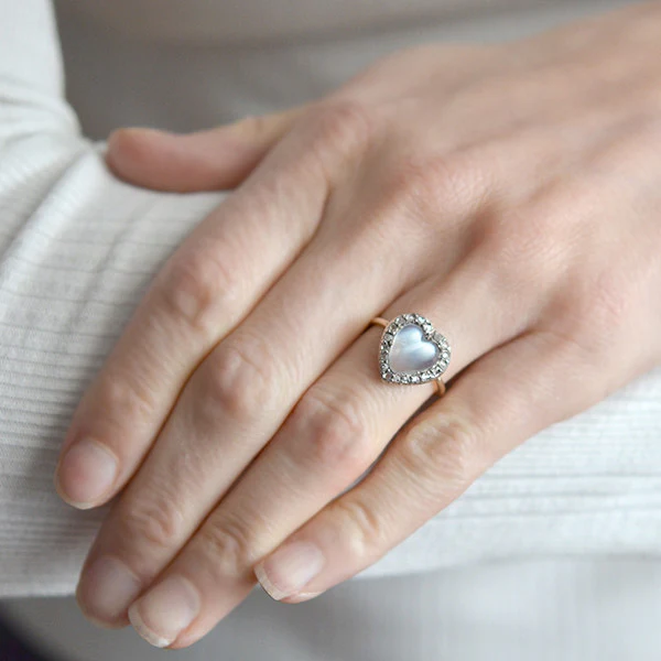 Art Nouveau 14k/Silver Moonstone & Diamond Heart Ring - Image 6