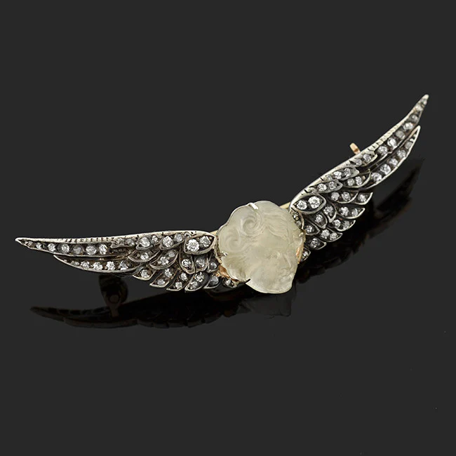 Victorian 14kt/Sterling Carved Art Glass & Diamond Winged Cherub Pin - Image 2