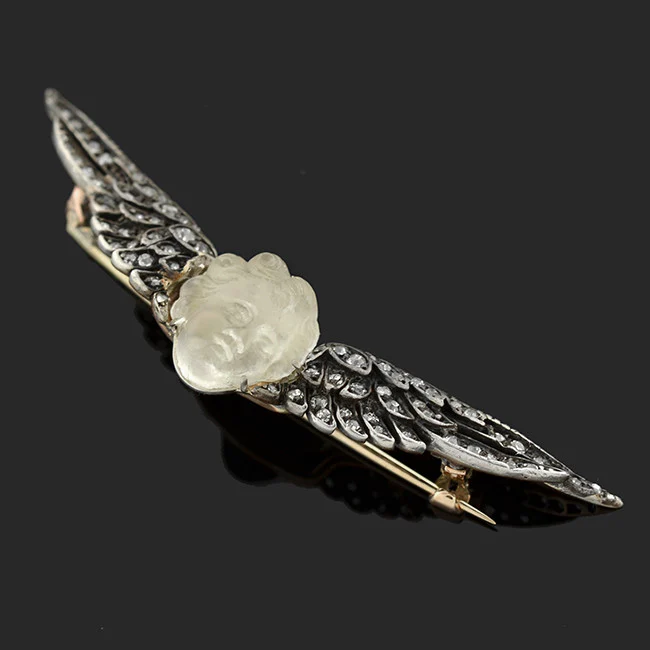 Victorian 14kt/Sterling Carved Art Glass & Diamond Winged Cherub Pin - Image 3