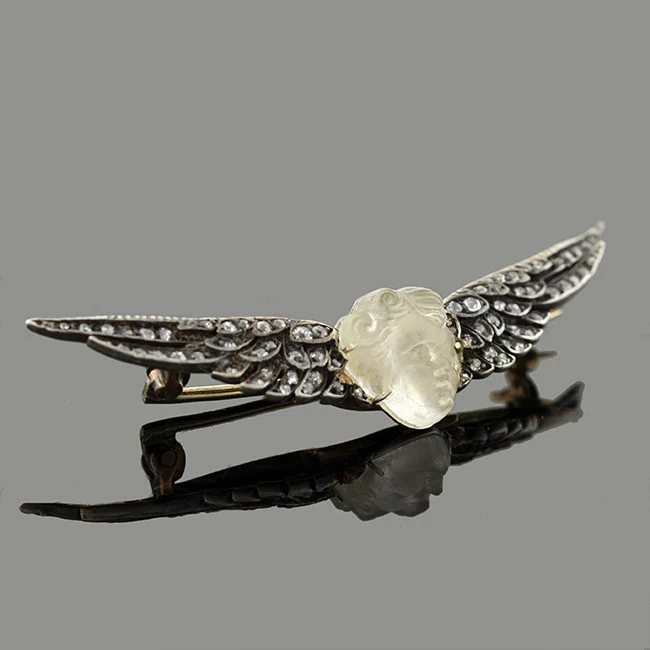 Victorian 14kt/Sterling Carved Art Glass & Diamond Winged Cherub Pin - Image 4