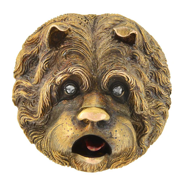 Victorian 15kt Diamond Enamel Carved Repousse Dog Pin - Image 2