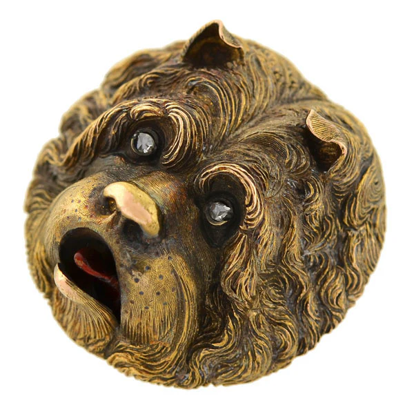Victorian 15kt Diamond Enamel Carved Repousse Dog Pin - Image 3