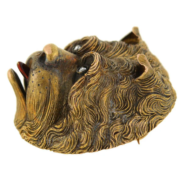 Victorian 15kt Diamond Enamel Carved Repousse Dog Pin - Image 4