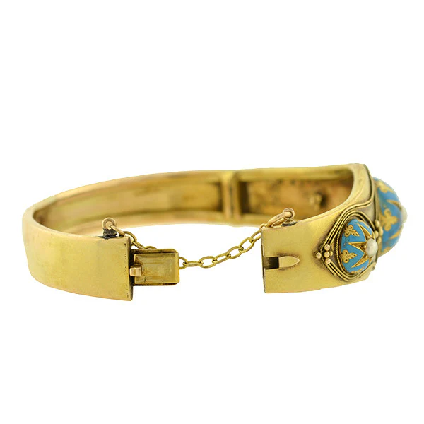 Victorian 15kt Etruscan Pearl & Enamel Starburst Motif Bracelet - Image 2