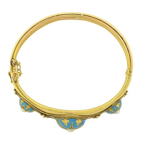 Victorian 15kt Etruscan Pearl & Enamel Starburst Motif Bracelet - Image 4
