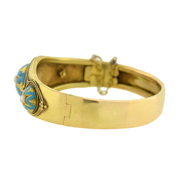 Victorian 15kt Etruscan Pearl & Enamel Starburst Motif Bracelet - Image 5