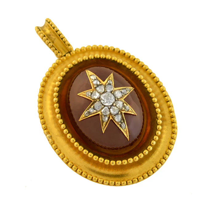 Victorian 15kt Garnet Cabochon Diamond Starburst Locket Pendant - Image 2