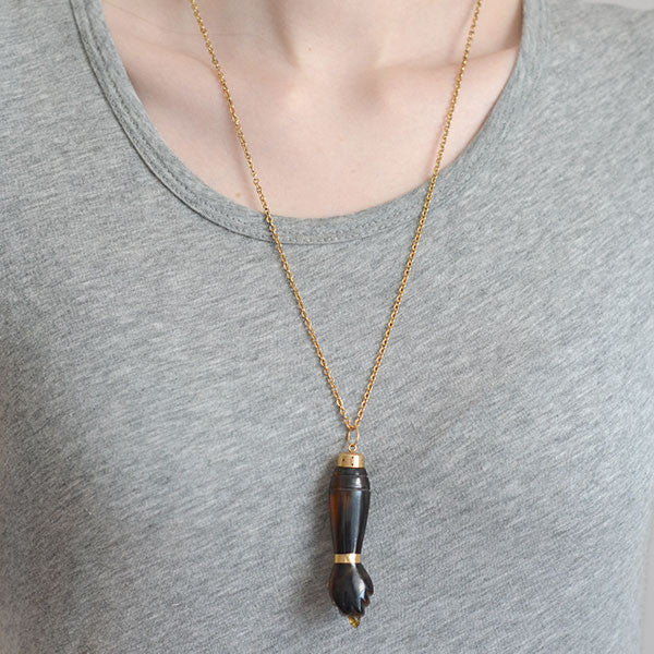 Victorian 18kt & Carved Tortoise Shell Figa Fist Pendant - Image 5