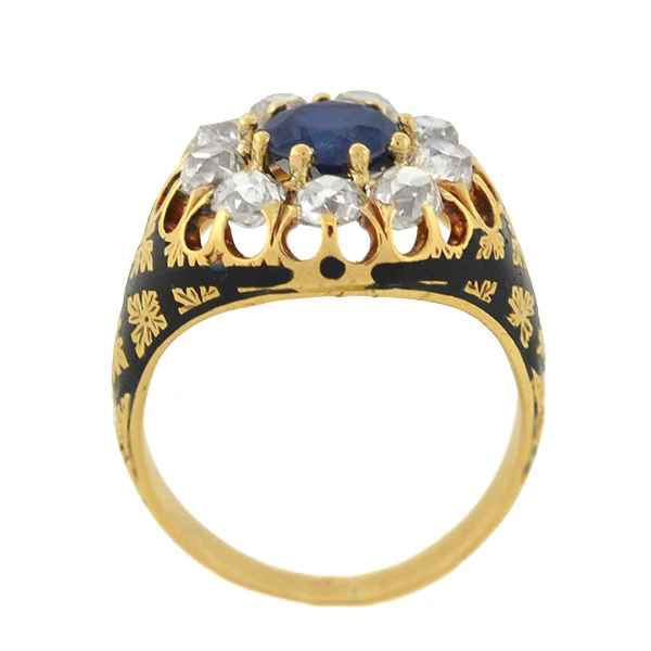 Victorian 18kt Sapphire & Diamond Enameled Cluster Ring 1.25ct center - Image 4