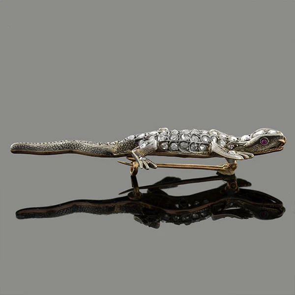 Victorian 18kt Sterling Rose Cut Diamond Salamander Pin 1ctw - Image 5
