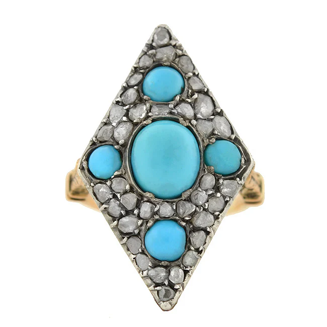 Victorian 18kt & Sterling Turquoise & Rose Cut Diamond Ring - Image 3