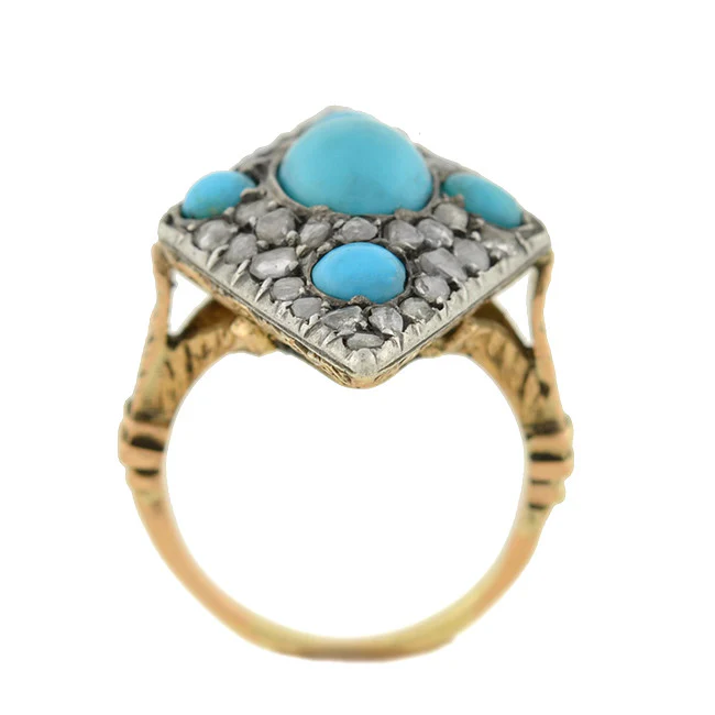 Victorian 18kt & Sterling Turquoise & Rose Cut Diamond Ring - Image 4