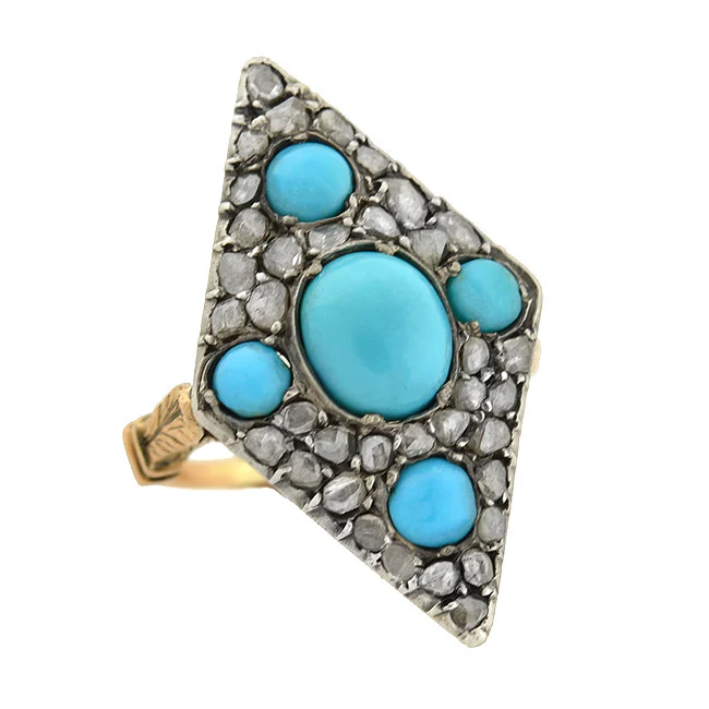 Victorian 18kt & Sterling Turquoise & Rose Cut Diamond Ring - Image 6