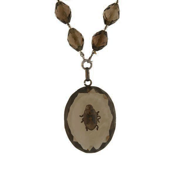 Victorian Carved Smoky Topaz Beetle Pendant Necklace - Image 2