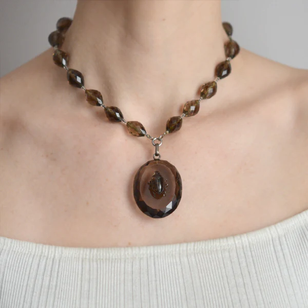 Victorian Carved Smoky Topaz Beetle Pendant Necklace - Image 6