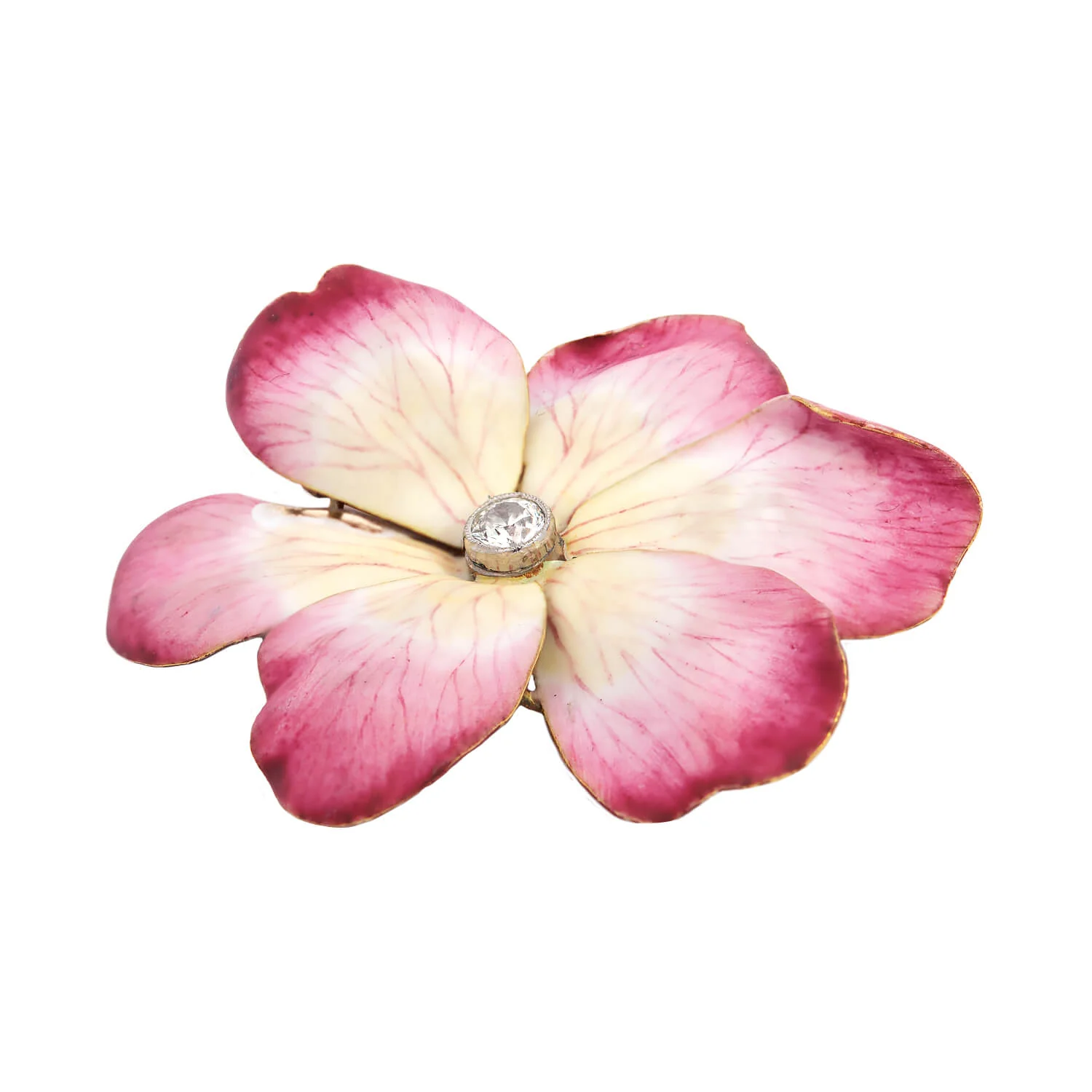 Victorian French 18kt Pink Enamel & Diamond Flower Pin - Image 2