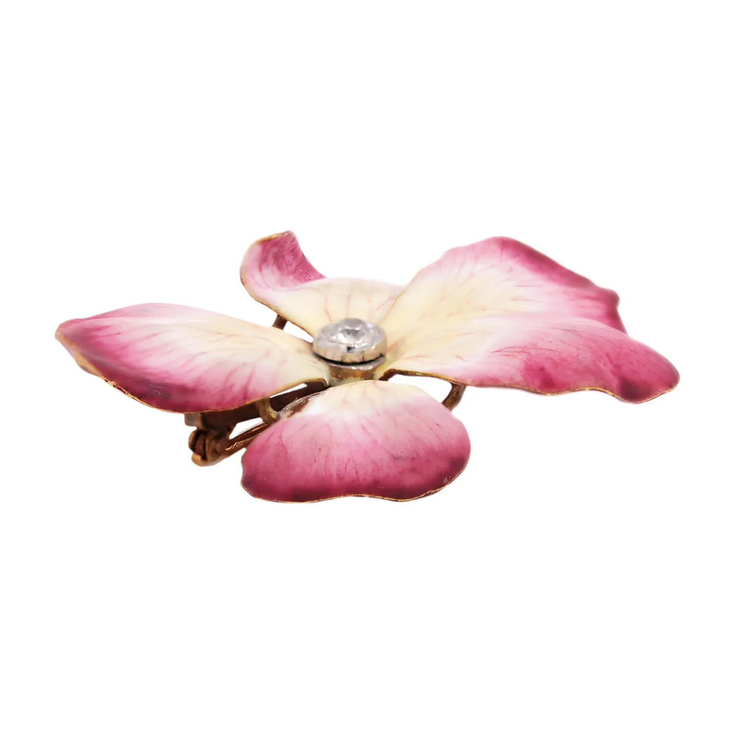 Victorian French 18kt Pink Enamel & Diamond Flower Pin - Image 3