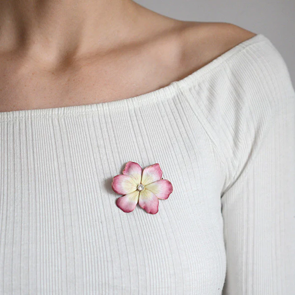Victorian French 18kt Pink Enamel & Diamond Flower Pin - Image 5