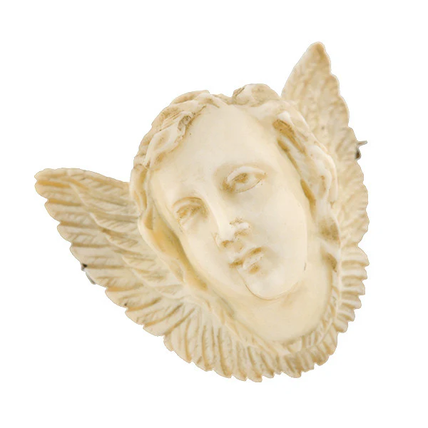 Victorian Hand Carved Ivory Angel Face & Wings Pin - Image 2