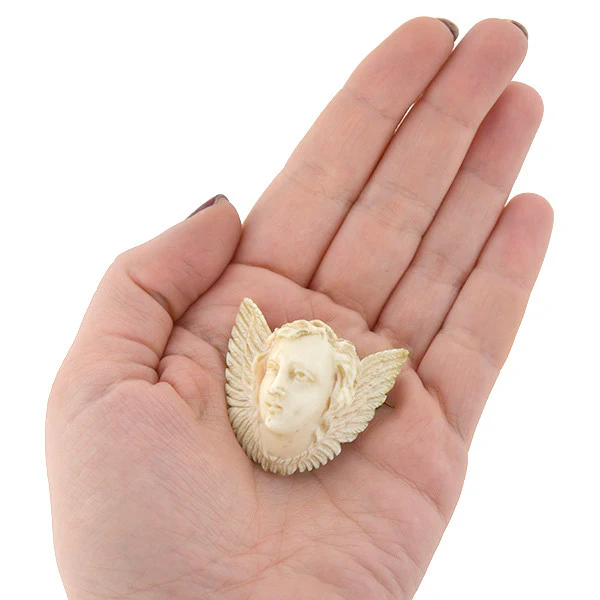 Victorian Hand Carved Ivory Angel Face & Wings Pin - Image 6