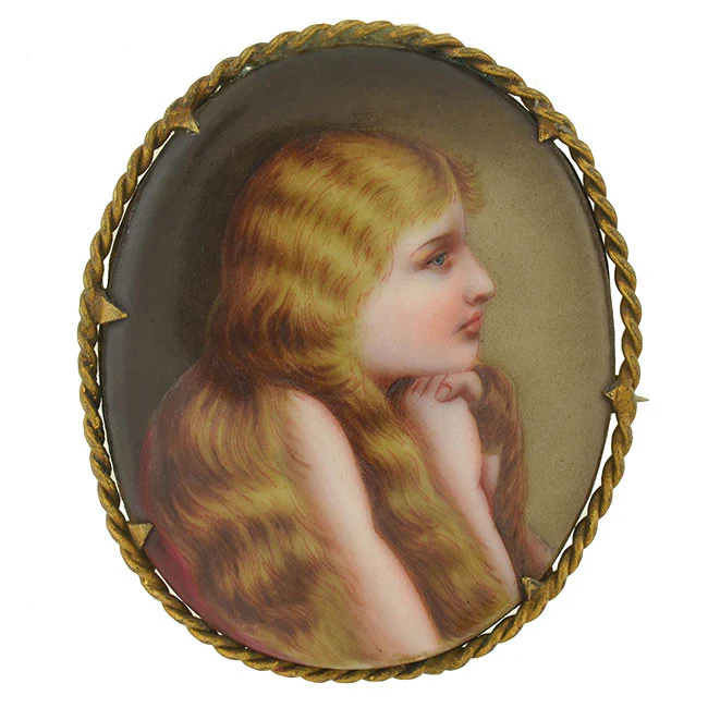 Victorian Large Gold-Filled Painted Portrait Young Girl Pin