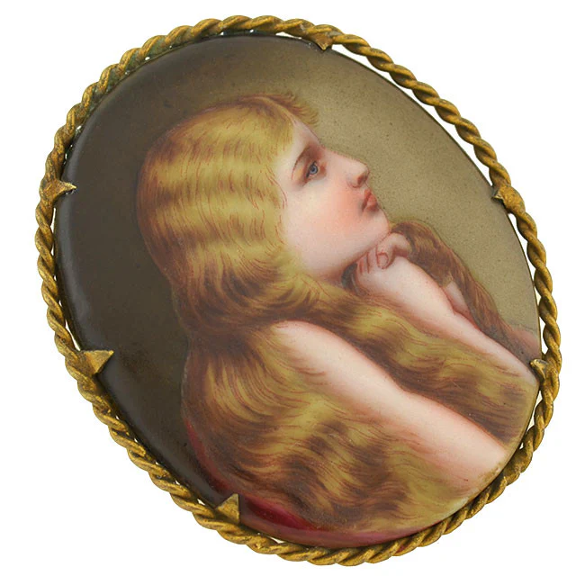 Victorian Large Gold-Filled Painted Portrait Young Girl Pin - Image 2