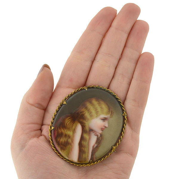 Victorian Large Gold-Filled Painted Portrait Young Girl Pin - Image 6